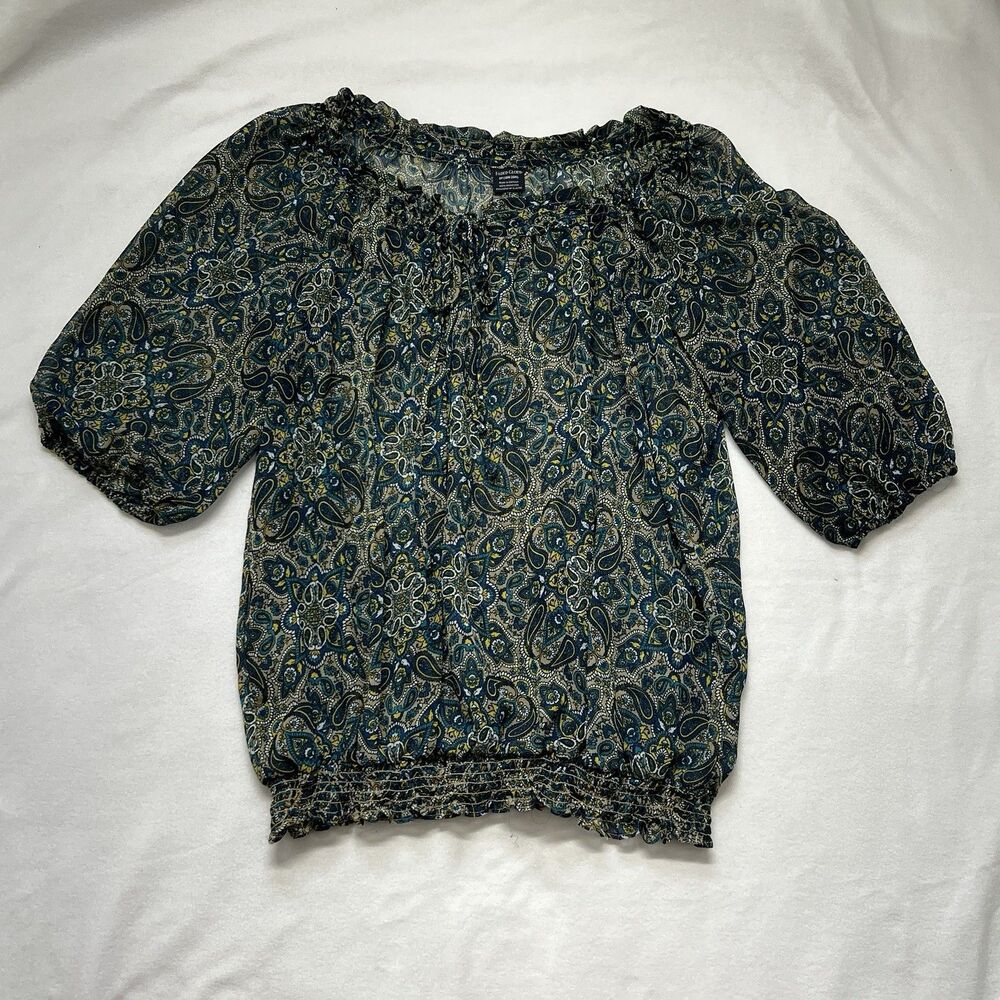 Faded Glory Paisley Peasant Blouse Teal Blue Boho Smocked Top 2X